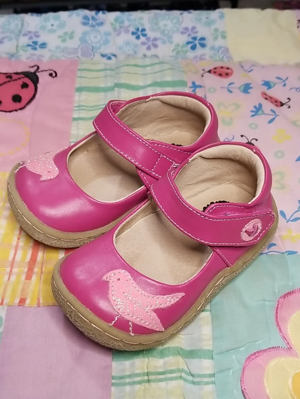 Livie & Luca Pink Leather Mary Jane Shoes with Pink Glitter Bird Size 5 Pio Pio